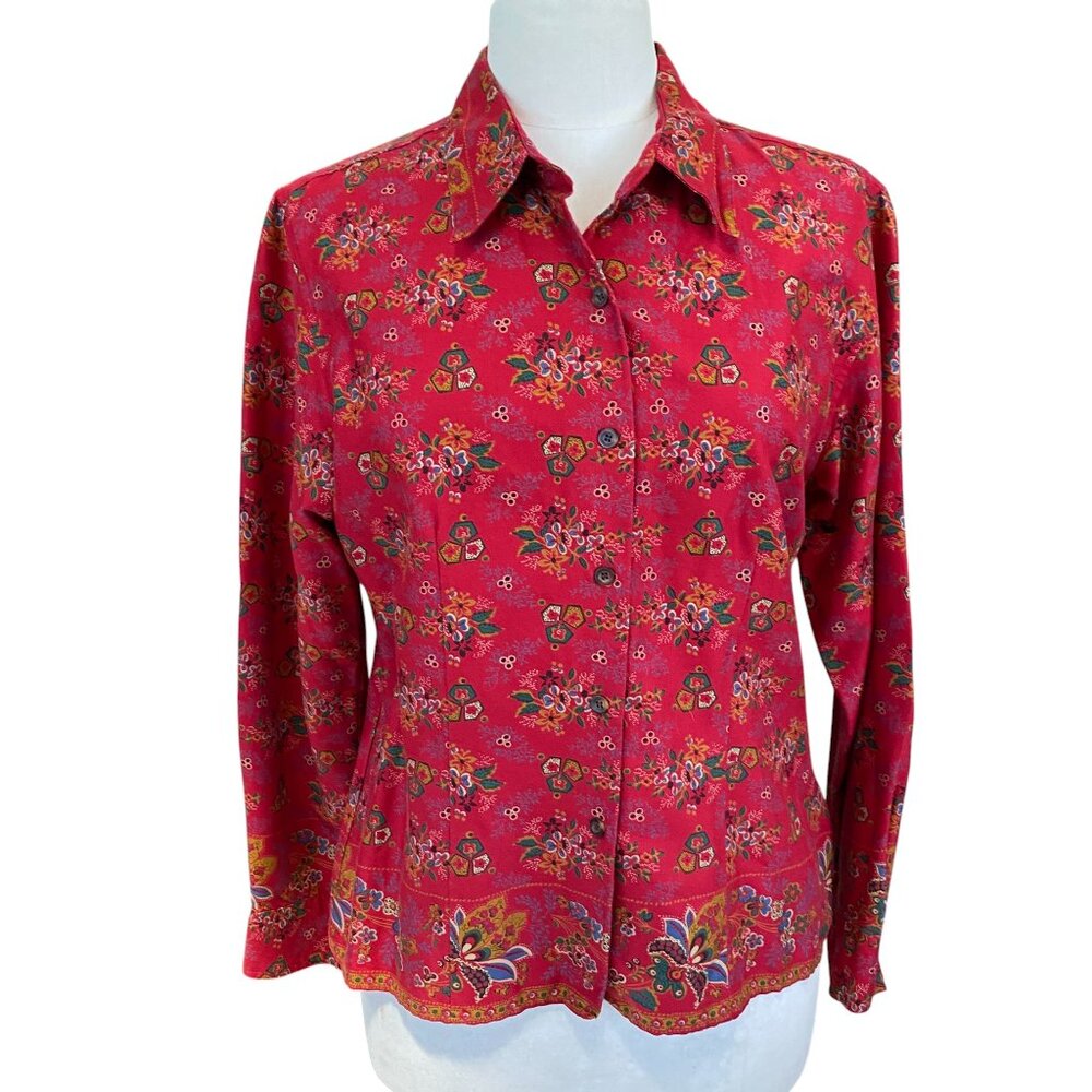 Vintage Woolrich Womens Floral Button Down Shirt Sz M Red Cabincore Countryside